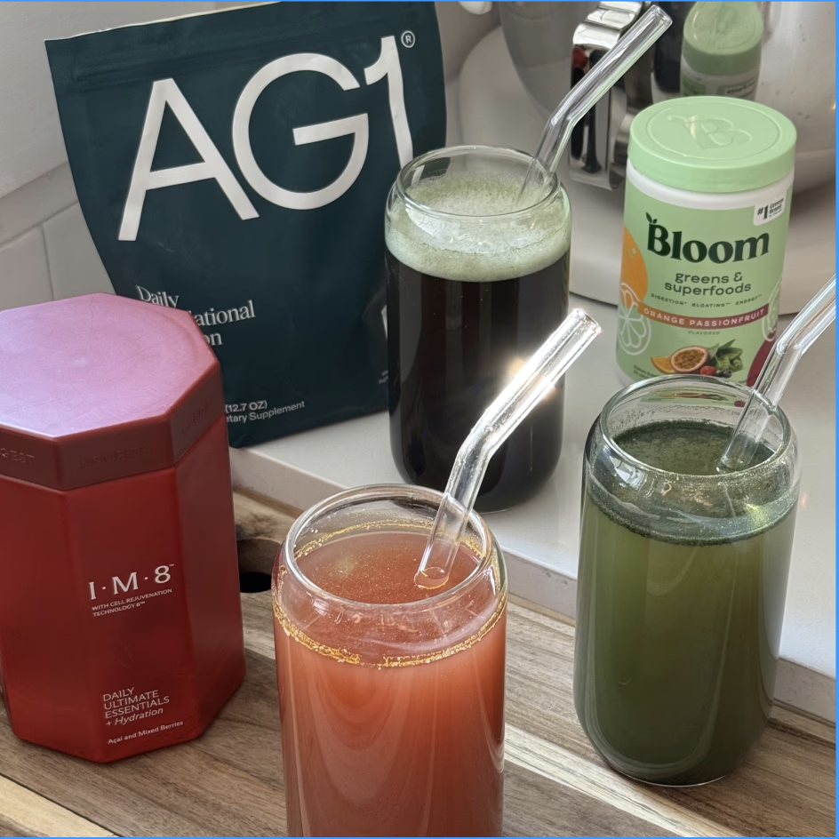 IM8, AG1, and Bloom drinks side by side